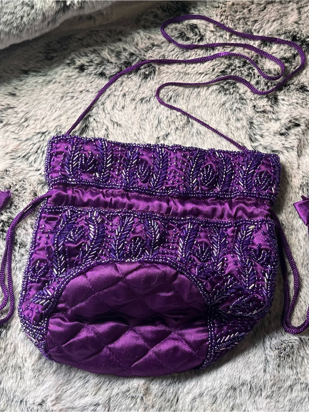 Artisan Purple Glass Beaded Drawstring Bucket Bag, Hand Embellished - Picture 14 of 15